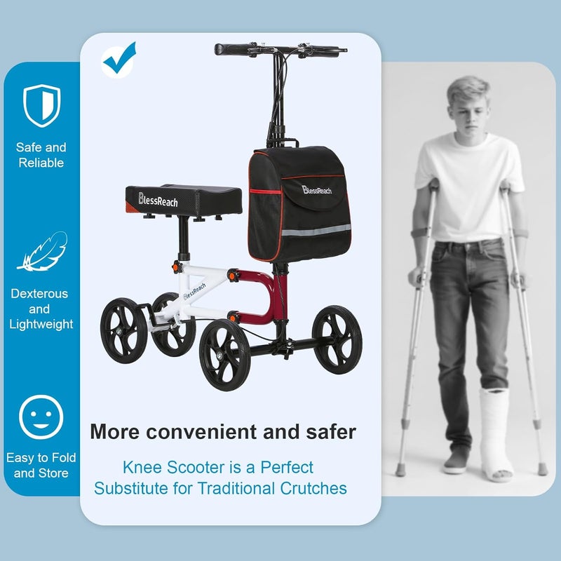 BlessReach Economy Knee Scooter Steerable Knee Walker for Foot Injuries Compact Crutch Alternative with Dual Braking System (Red) - Image 3